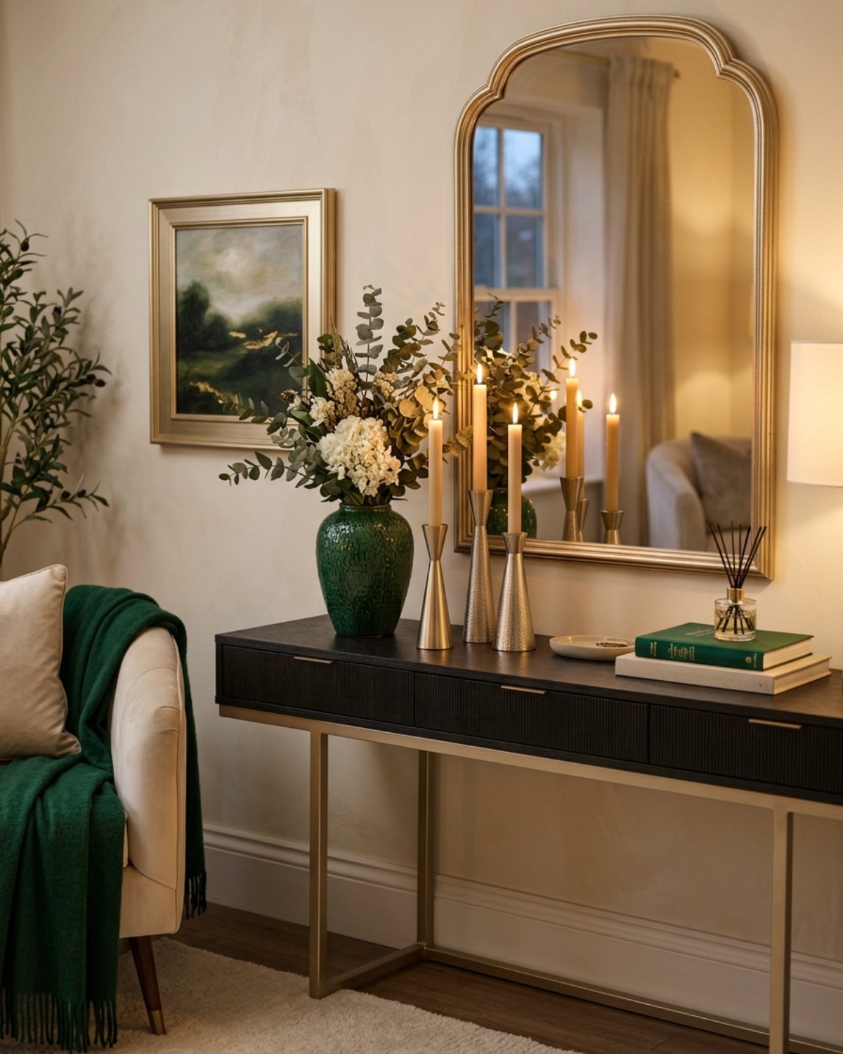 Cozy evening decor with candle holders and warm accents