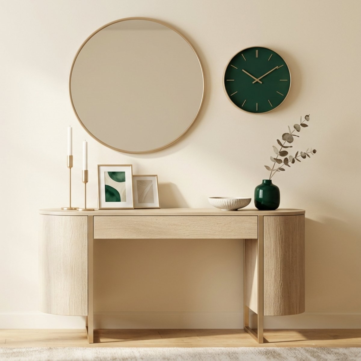 Elegant modern home decor with mirror, candle holder, picture frame, and wall clock
